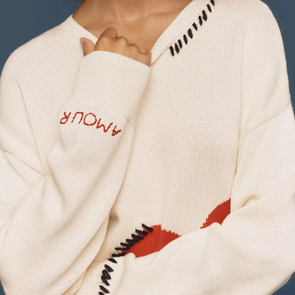 Anthropologie Maeve Crew-Neck Whipstitch Heart Icon Sweater Size S MWT Small - Picture 4 of 6